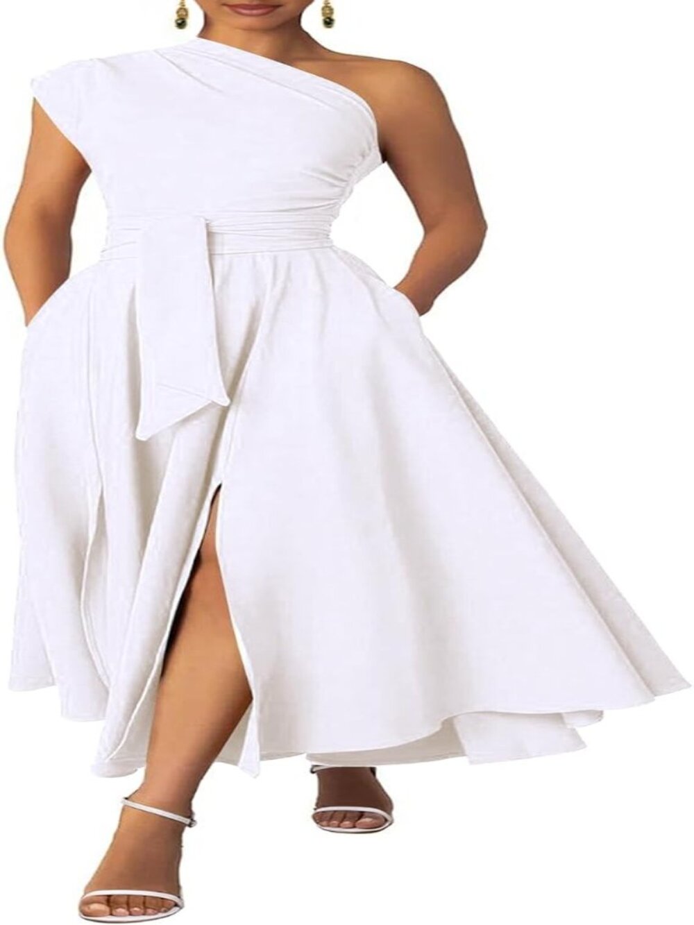 Women's White Formal Wedding Flattering A-line One Shoulder Belted Maxi Dress - Picture 5 of 5